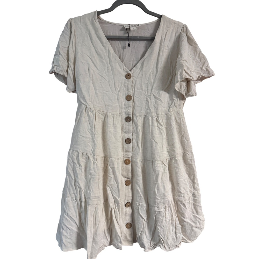 Loveriche Womens Cream Linen Blend Tiered Babydoll Button Down Dress Medium